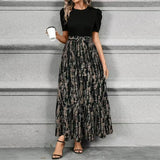 Damen-Maxikleid mit Blumenmuster und Schleifengürtel – Farn Druck Schwarz