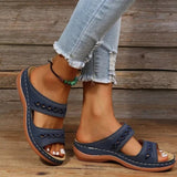 Damensandalen aus veganem Leder mit Klettverschluss – Dunkelblau