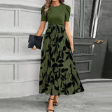 Damen-Maxikleid mit Blumenmuster und Schleifengürtel – Olivenblatt Schwarz