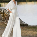 Damen-Jumpsuit mit V-Ausschnitt aus Baumwollmischung – Weiß