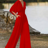 Damen-Jumpsuit mit V-Ausschnitt aus Baumwollmischung – Rot
