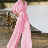 Damen-Jumpsuit mit V-Ausschnitt aus Baumwollmischung – Pink