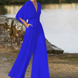 Damen-Jumpsuit mit V-Ausschnitt aus Baumwollmischung – Blau