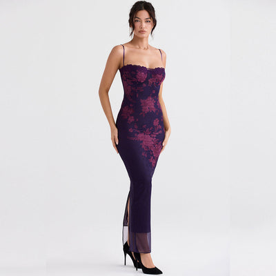 Daphne - Maxikleid mit Vintage-Blumenmuster, Mesh-Panels und geschnürtem Rückenteil