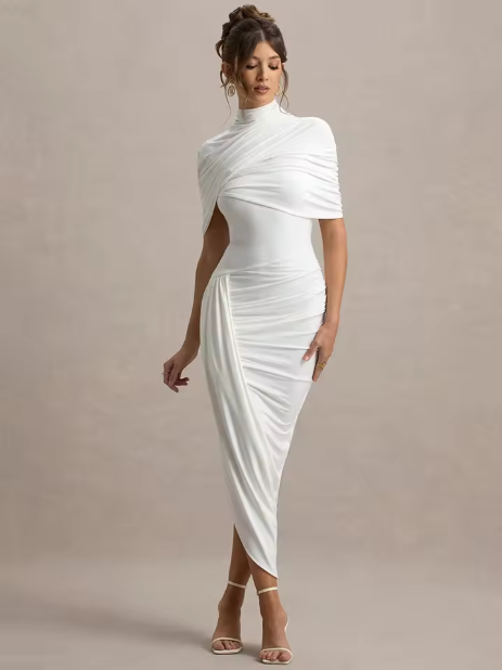 Drapiertes Midikleid – Figurbetontes Abendkleid mit Stehkragen & Cape-Detail