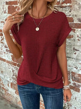 Johanna | Waffelstrick Kurzarm Top Damen Baumwollmischung – Burgund