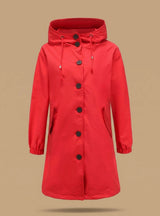 Greta | Wasserabweisender Trenchcoat Damen Kapuze Langer Outdoor-Mantel – Rot