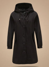 Greta | Wasserabweisender Trenchcoat Damen Kapuze Langer Outdoor-Mantel – Schwarz