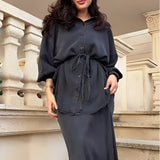 Damen-Zweiteiler: Bluse und Rock mit Bindeband – Schwarz
