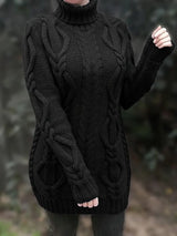 Wendeline | Damen Langer Zopfmuster Rollkragen Strickpullover – Schwarz