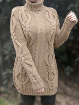 Wendeline | Damen Langer Zopfmuster Rollkragen Strickpullover – Beige