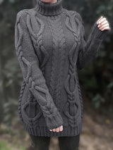 Wendeline | Damen Langer Zopfmuster Rollkragen Strickpullover – Grau