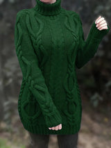 Wendeline | Damen Langer Zopfmuster Rollkragen Strickpullover – Grün