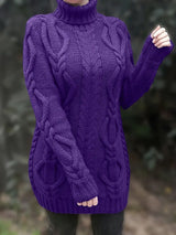 Wendeline | Damen Langer Zopfmuster Rollkragen Strickpullover – Lila