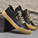 Herren Weiße Leder Sneaker Mit Schnürung – Klassische Freizeit Schuhe – Obsidianschwarz