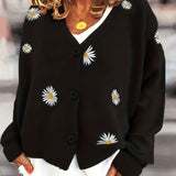 Wilteke | Damen Strickjacke mit Gänseblümchen-Stickerei – Schwarz