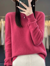 Wiltina | Damen Strickpullover Rundhals Langarm – Himbeerrot