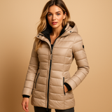 Wiltrud | Damen Steppjacke Mittellang mit Kapuze – Khaki