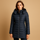 Wiltrud | Damen Steppjacke Mittellang mit Kapuze – Marineblau