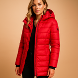 Wiltrud | Damen Steppjacke Mittellang mit Kapuze – Rot
