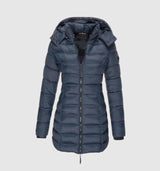 Charlotte | Winterjacke Damen Langer Gesteppter Mantel mit Kapuze – Blau