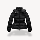 Winterjacke Damen Puffer mit Gürtel und Kapuze – Schwarz