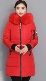 Clara | Wintermantel Damen Langer Parka Pelzkragen Kapuze Wattiert – Rot