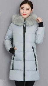 Clara | Wintermantel Damen Langer Parka Pelzkragen Kapuze Wattiert – Grau