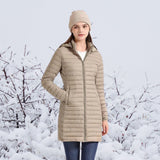 Greta | Wintermantel Damen Ultraleichter Langer Gesteppter Parka mit Kapuze – Beige