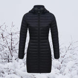 Greta | Wintermantel Damen Ultraleichter Langer Gesteppter Parka mit Kapuze – Schwarz