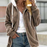 Marlene | Wollmantel Damen Flauschiger Fleece Kapuzenmantel Reißverschluss – Khakifarben