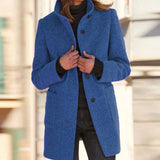 Marlene | Wollmantel Damen Klassischer Wintermantel mit Stehkragen Knopfleiste – Blau