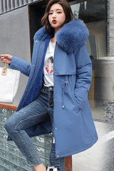 Nora | Wollmantel Damen Langer Parka Kapuze Kunstpelzkragen Wintermantel – Blau