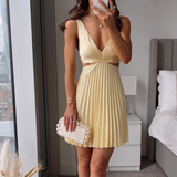 Damen Plissee-Sommerkleid mit V-Ausschnitt | A-Linie Midi – Gelb