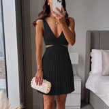 Damen Plissee-Sommerkleid mit V-Ausschnitt | A-Linie Midi – Schwarz