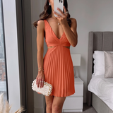 Damen Plissee-Sommerkleid mit V-Ausschnitt | A-Linie Midi – Orange