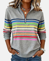 Corinelle - Gestreiftes Soft-Touch-Half-Zip-Sweatshirt – Grau