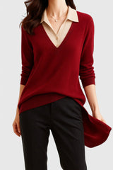 Camila | Damen V-Ausschnitt Polo-Kragen Pullover mit Knopfärmeln – Rot