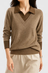 Camila | Damen V-Ausschnitt Polo-Kragen Pullover mit Knopfärmeln – Braun