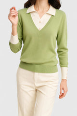 Camila | Damen V-Ausschnitt Polo-Kragen Pullover mit Knopfärmeln – Limette