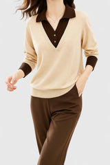 Camila | Damen V-Ausschnitt Polo-Kragen Pullover mit Knopfärmeln – Beige