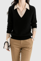 Camila | Damen V-Ausschnitt Polo-Kragen Pullover mit Knopfärmeln – Schwarz
