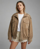 Damen Bomberjacke mit langen Ärmeln und Taschen – Hellbraun