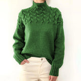 Wulfrun | Damen Strickpullover Rollkragen Zopfmuster – Grün