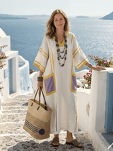 Zafira | Damen V-Ausschnitt Maxikleid mit Taschen – Fließendes Boho Sommerkleid 2026 – Gestreift