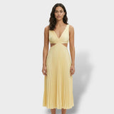Zephyrine | Damen Plissee Midikleid V-Ausschnitt Ärmellos – Gelb