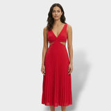 Zephyrine | Damen Plissee Midikleid V-Ausschnitt Ärmellos – Rot