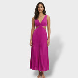 Zephyrine | Damen Plissee Midikleid V-Ausschnitt Ärmellos – Rosa