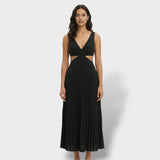 Zephyrine | Damen Plissee Midikleid V-Ausschnitt Ärmellos – Schwarz