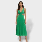 Zephyrine | Damen Plissee Midikleid V-Ausschnitt Ärmellos – Grün